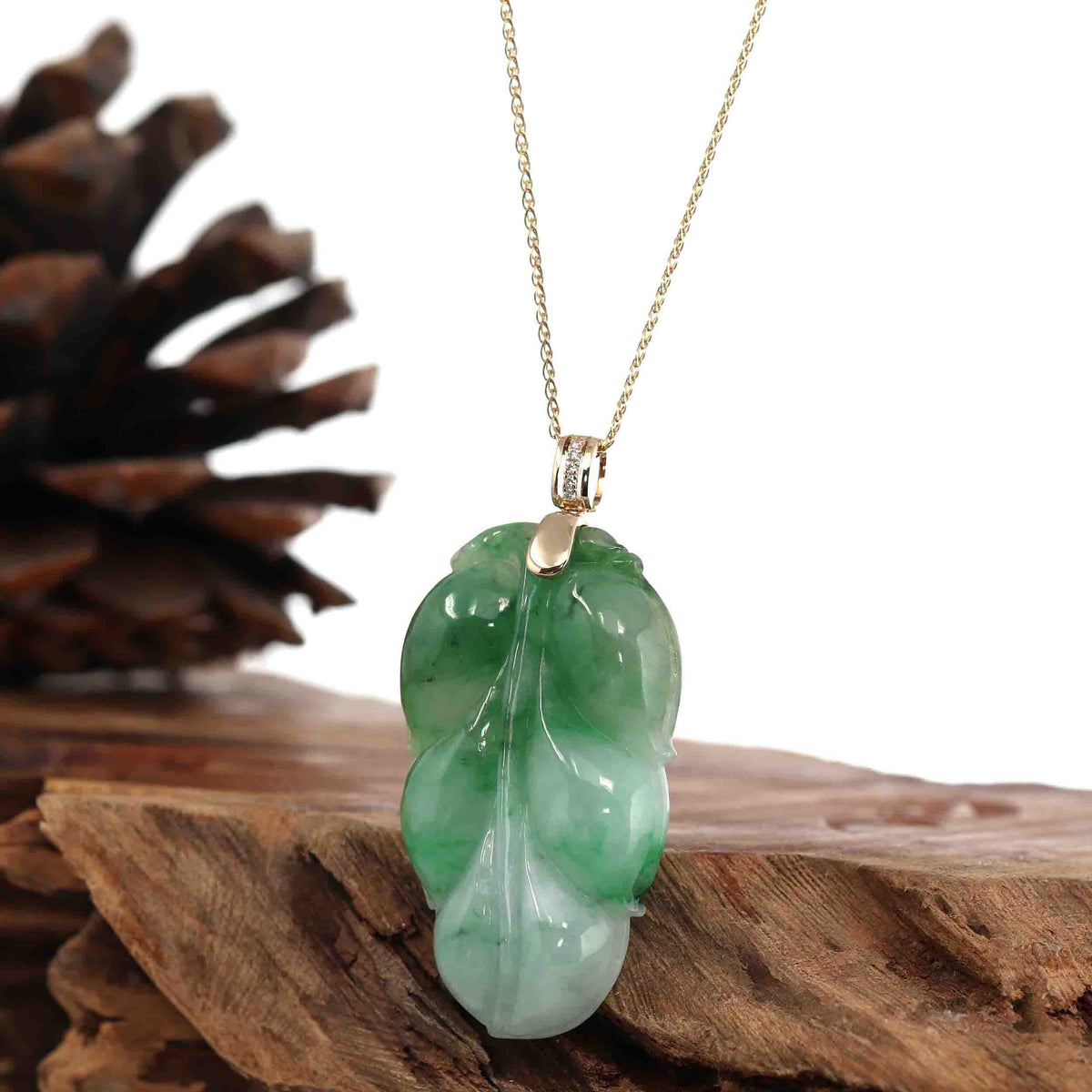 Genuine Green Jadeite Jade Leaf Necklace With VSI Diamond Gold Bail –  RealJade® Co.