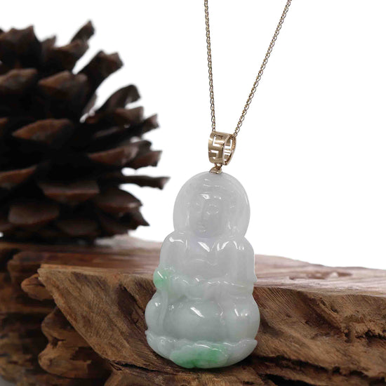 "Goddess of Compassion" 18k Yellow Gold Genuine Burmese Jadeite Jade Guanyin Necklace