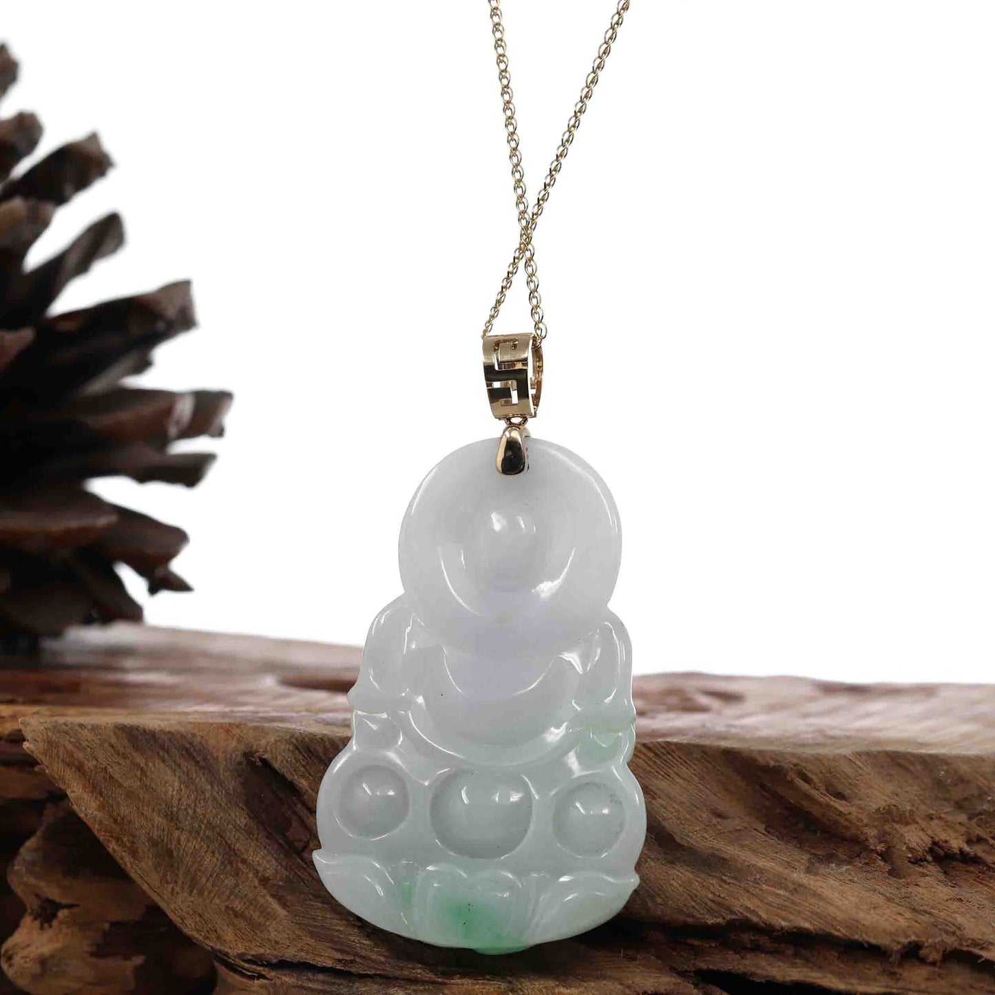 "Goddess of Compassion" 18k Yellow Gold Genuine Burmese Jadeite Jade Guanyin Necklace