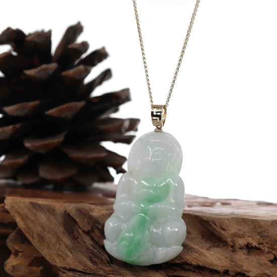 "Goddess of Compassion" 18k Yellow Gold Genuine Burmese Jadeite Jade Guanyin Necklace