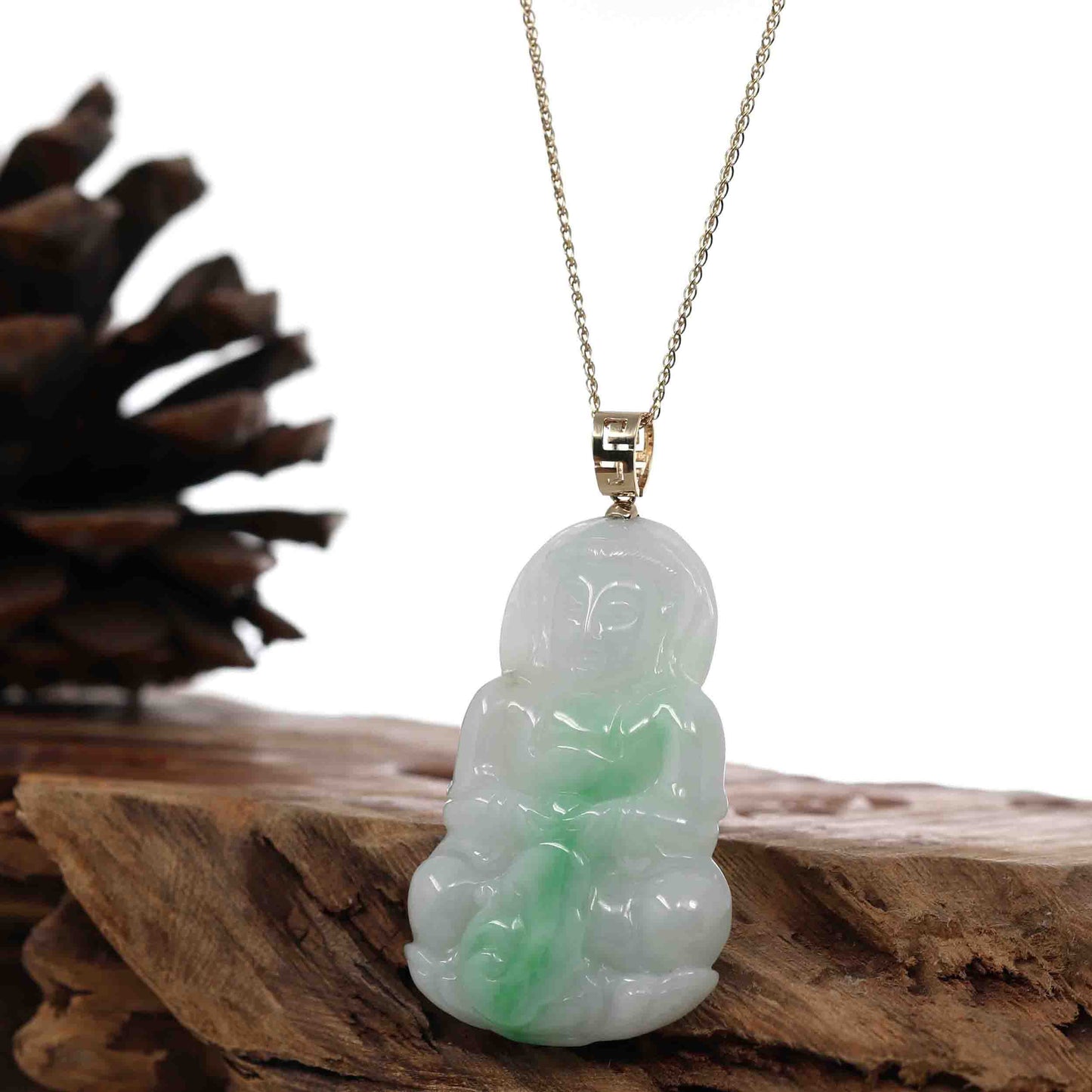 "Goddess of Compassion" 18k Yellow Gold Genuine Burmese Jadeite Jade Guanyin Necklace