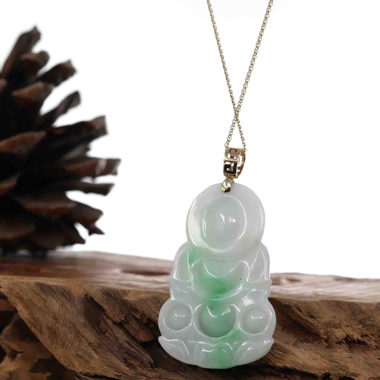 "Goddess of Compassion" 18k Yellow Gold Genuine Burmese Jadeite Jade Guanyin Necklace