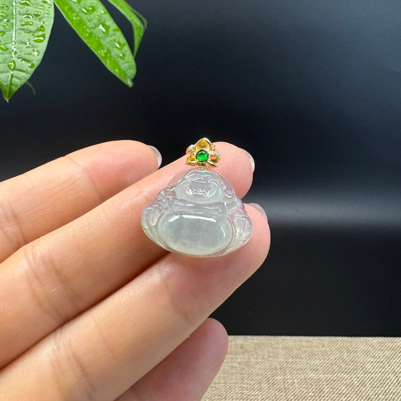 18K Yellow Gold Burmese Icy Jadeite Jade Happy Buddha Pendant