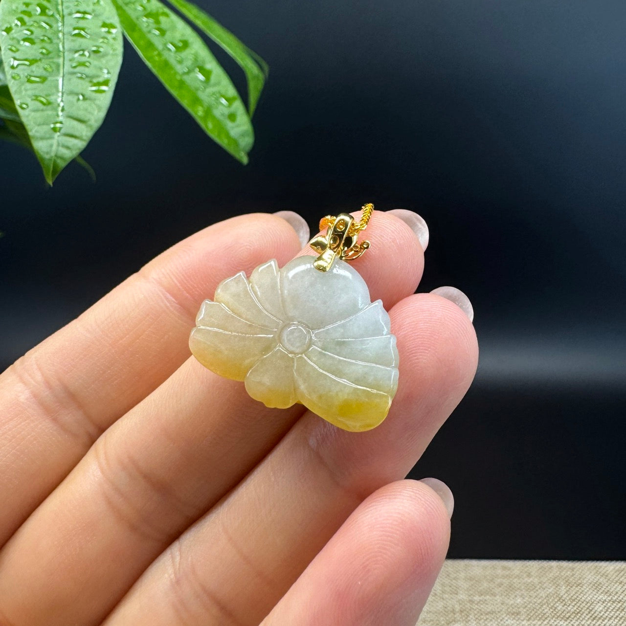 RealJade® Co. Genuine Ice Yellow Jadeite Jade Good Lotus  Necklace With 18K Yellow Gold Bail