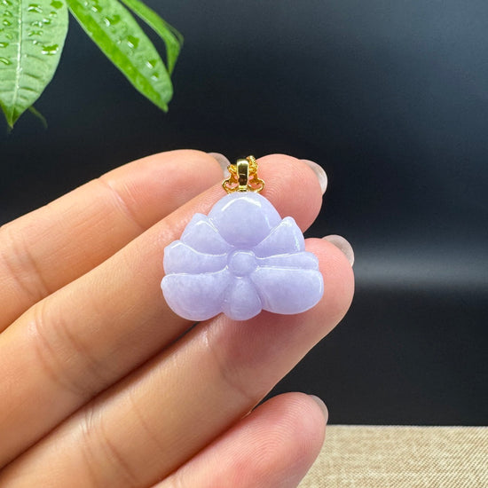 RealJade® Co. Genuine Lavender Jadeite Jade Good Lotus Bottle Gourd Necklace With 18K Yellow Gold Bail