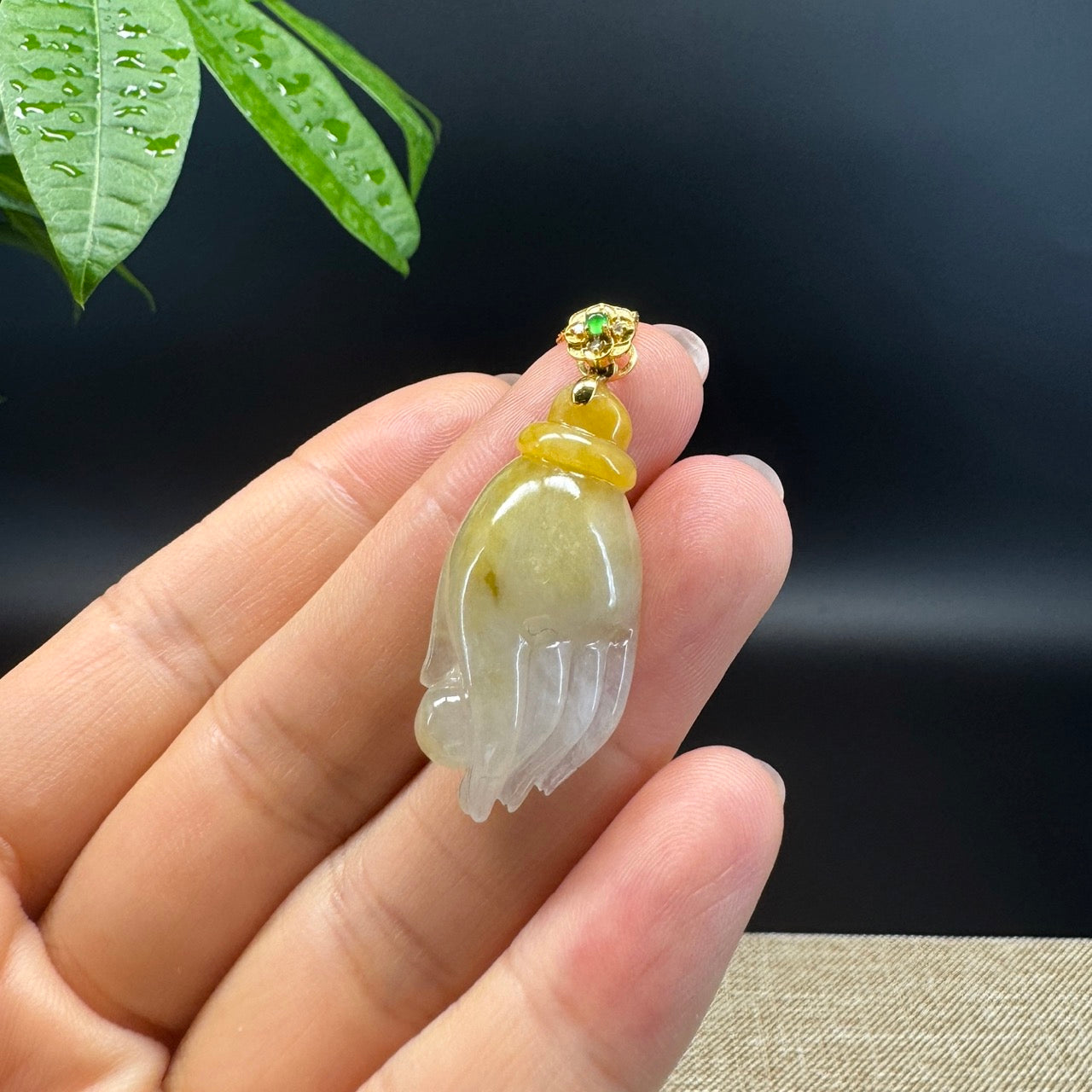 18K Yellow Gold Burmese Icy Yellow Jadeite Jade Happy Buddha Hand Pendant