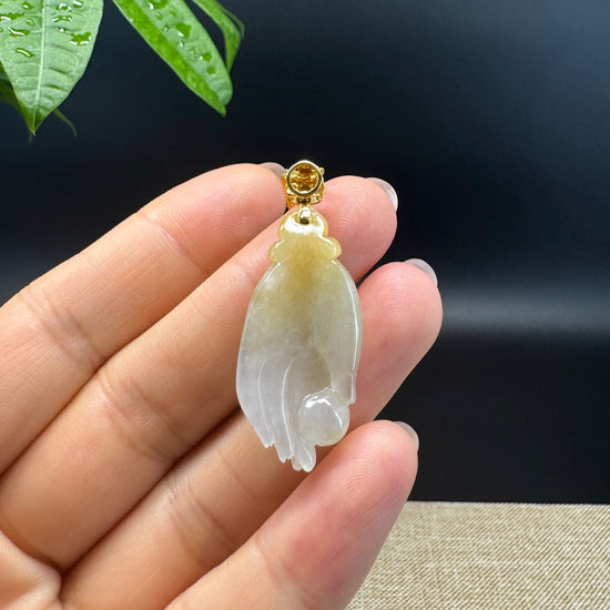 18K Yellow Gold Burmese Icy Yellow Jadeite Jade Happy Buddha Hand Pendant