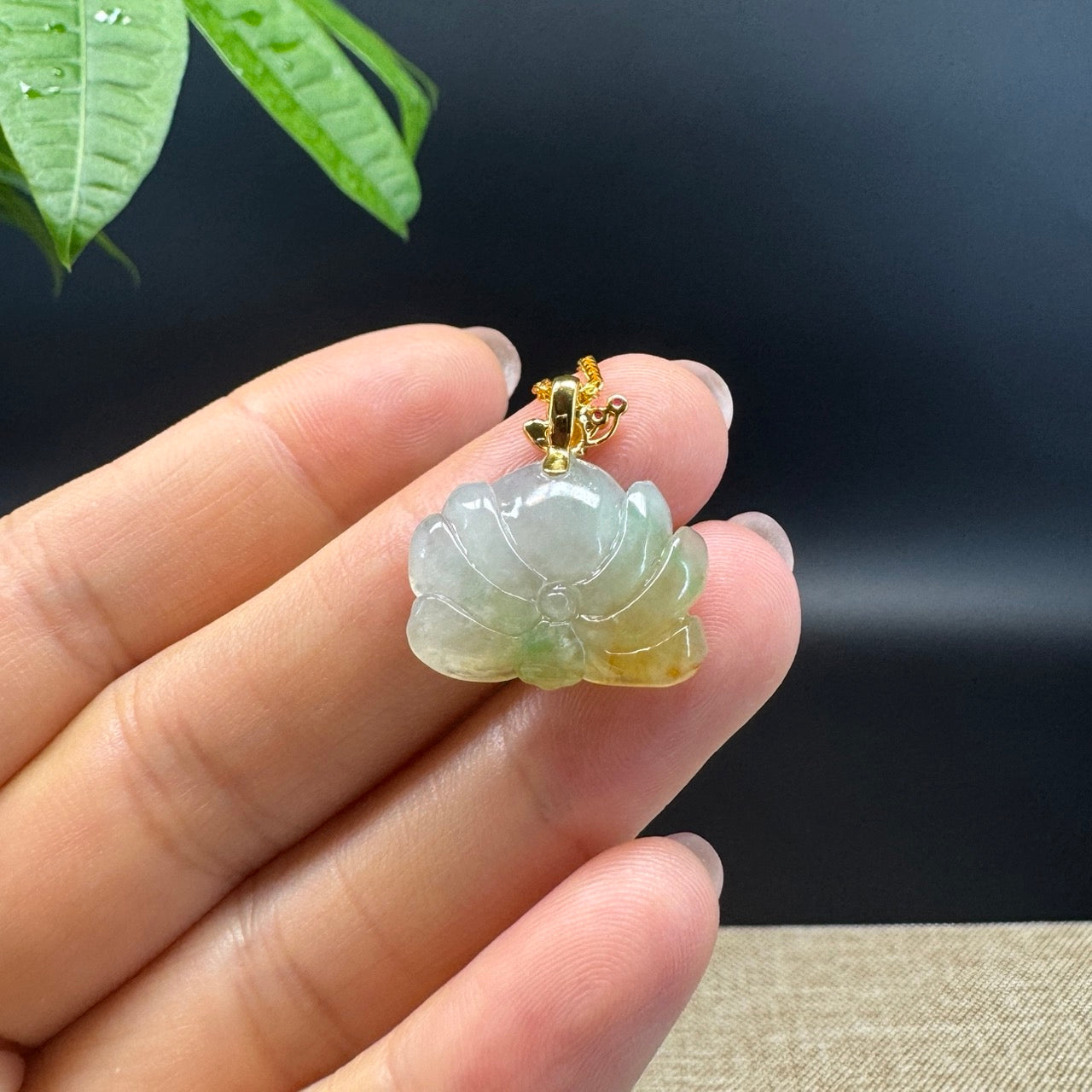 RealJade® Co. Genuine Ice Yellow Green  Jadeite Jade Good Lotus Necklace With 18K Yellow Gold Bail