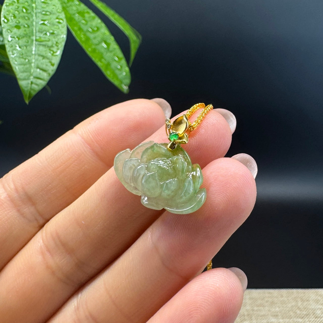 RealJade® Co. Genuine Ice Yellow Green  Jadeite Jade Good Lotus Necklace With 18K Yellow Gold Bail