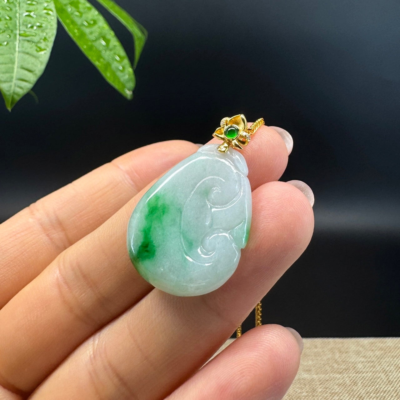 RealJade® Co. Genuine White Green Jadeite Jade Good Luck RuYi Necklace With 18K Yellow Gold Bail