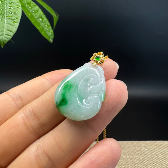 RealJade® Co. Genuine White Green Jadeite Jade Good Luck RuYi Necklace With 18K Yellow Gold Bail