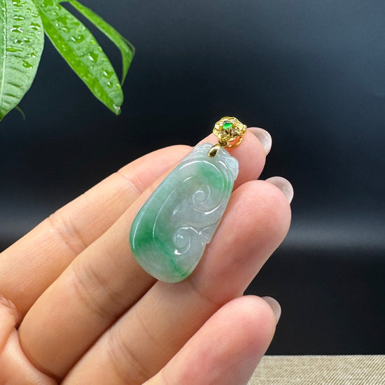 RealJade® Co. Genuine Icy Green Jadeite Jade Good Luck RuYi Necklace With 18K Yellow Gold Bail