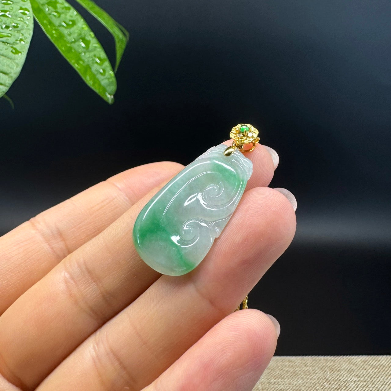 RealJade® Co. Genuine Icy Green Jadeite Jade Good Luck RuYi Necklace With 18K Yellow Gold Bail