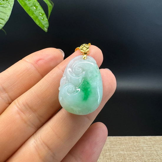 RealJade® Co. Genuine White Green Jadeite Jade Good Luck RuYi Necklace With 18K Yellow Gold Bail