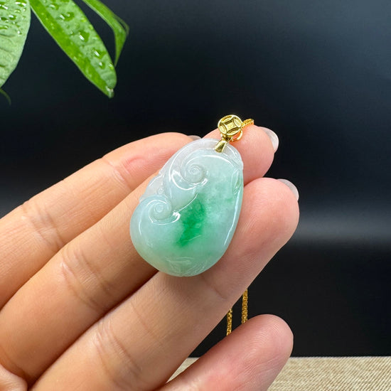 RealJade® Co. Genuine White Green Jadeite Jade Good Luck RuYi Necklace With 18K Yellow Gold Bail