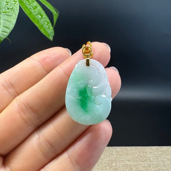 RealJade® Co. Genuine White Green Jadeite Jade Good Luck RuYi Necklace With 18K Yellow Gold Bail