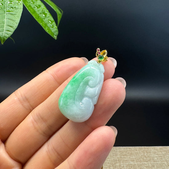 RealJade® Co. Genuine White Green Jadeite Jade Good Luck RuYi Necklace With 18K Yellow Gold Bail