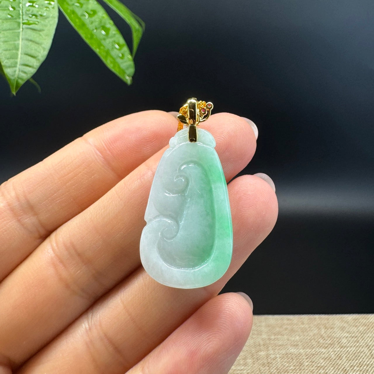 RealJade® Co. Genuine White Green Jadeite Jade Good Luck RuYi Necklace With 18K Yellow Gold Bail