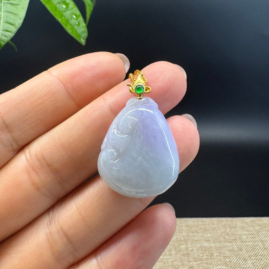 RealJade® Co. Genuine Lavender Green Jadeite Jade Good Luck RuYi Necklace With 18K Yellow Gold Bail