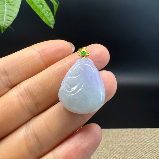 RealJade® Co. Genuine Lavender Green Jadeite Jade Good Luck RuYi Necklace With 18K Yellow Gold Bail