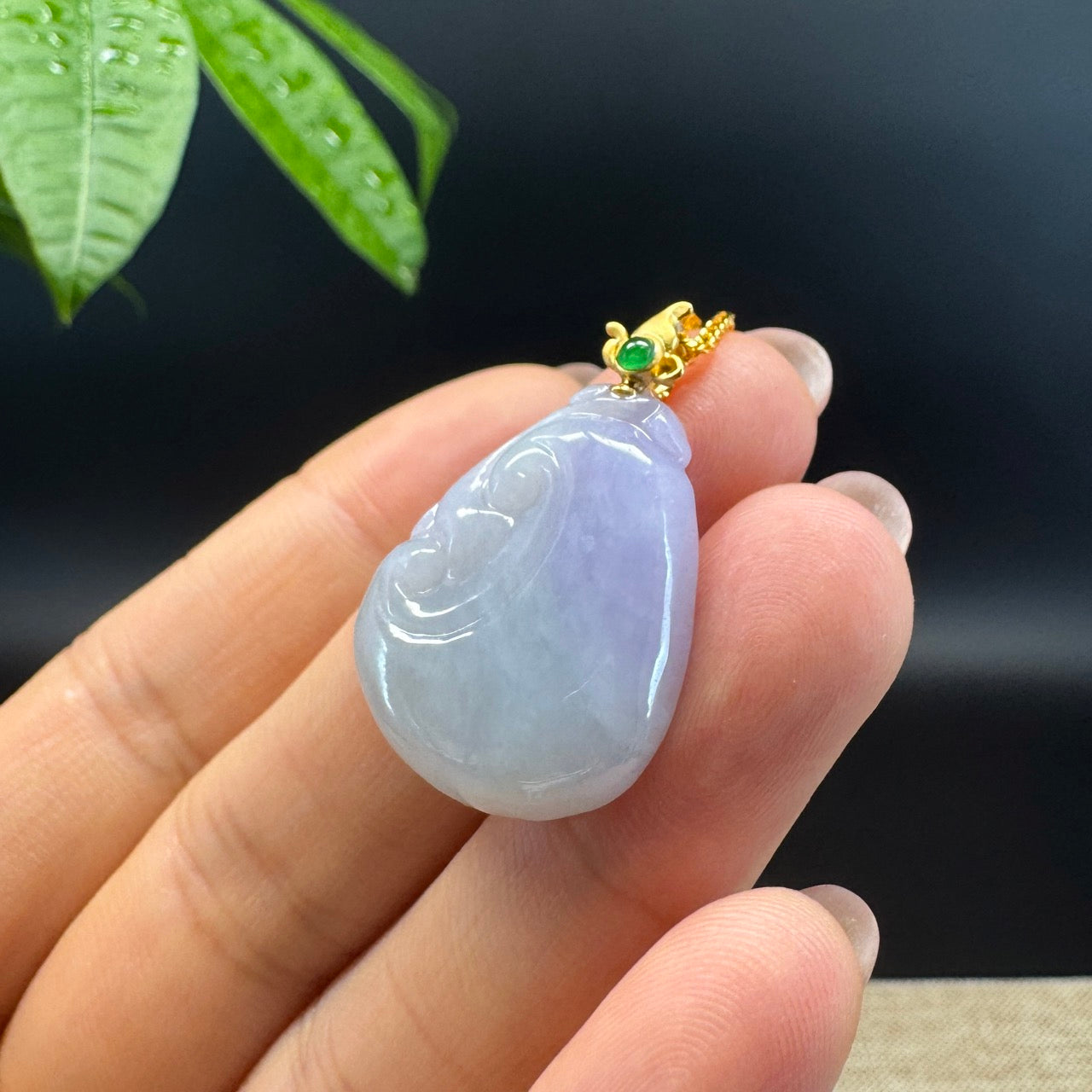 RealJade® Co. Genuine Lavender Green Jadeite Jade Good Luck RuYi Necklace With 18K Yellow Gold Bail