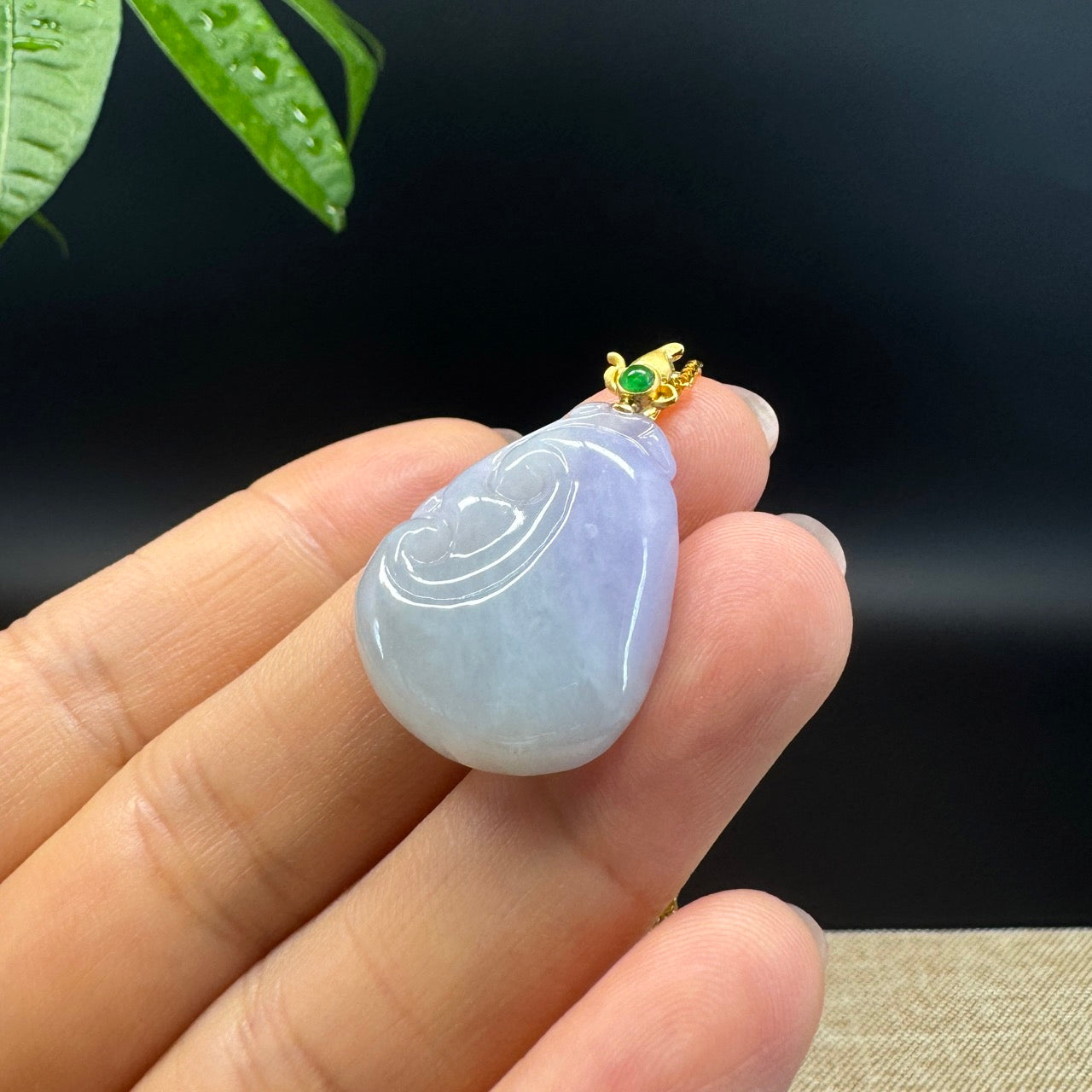 RealJade® Co. Genuine Lavender Green Jadeite Jade Good Luck RuYi Necklace With 18K Yellow Gold Bail