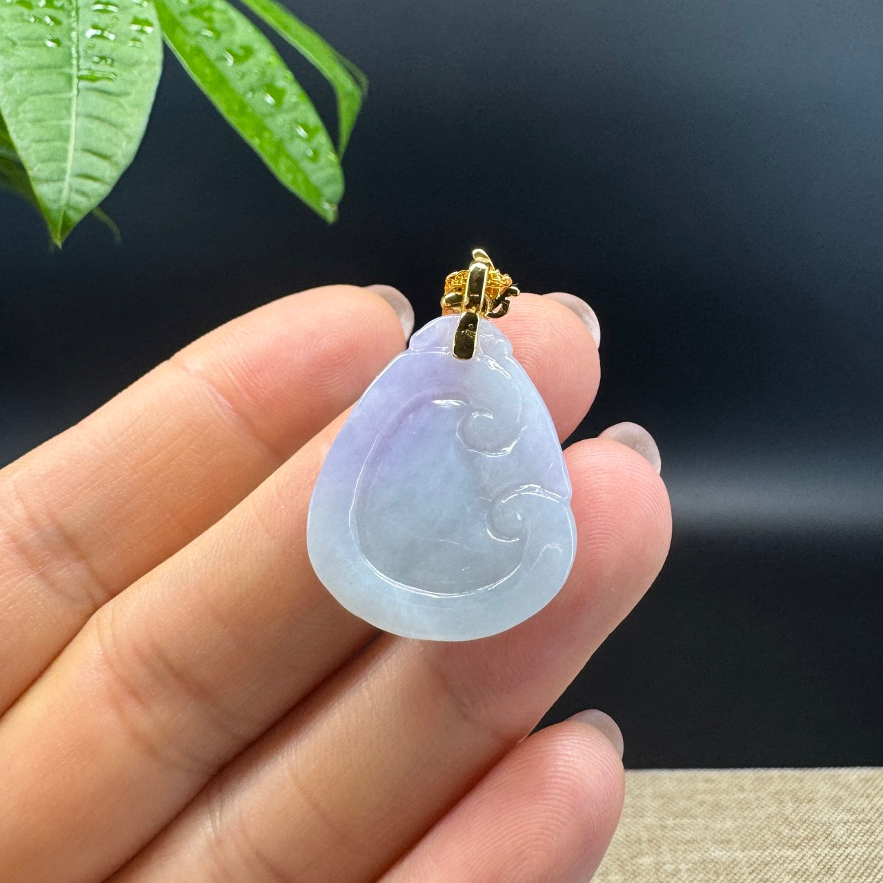 RealJade® Co. Genuine Lavender Green Jadeite Jade Good Luck RuYi Necklace With 18K Yellow Gold Bail