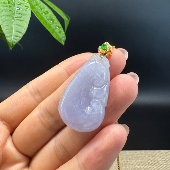 RealJade® Co. Genuine Lavender Jadeite Jade Good Luck RuYi Necklace With 18K Yellow Gold Bail