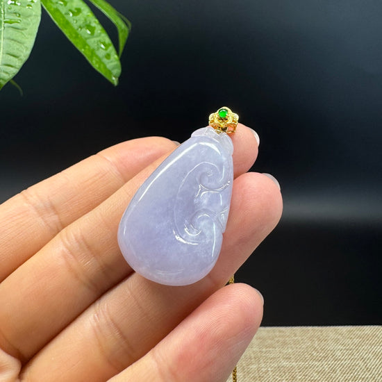 RealJade® Co. Genuine Lavender Jadeite Jade Good Luck RuYi Necklace With 18K Yellow Gold Bail