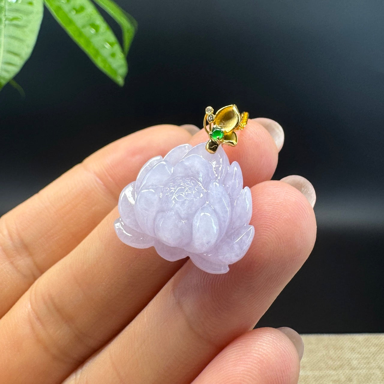 RealJade® Co. Genuine Lavender Jadeite Jade Good Lotus Necklace With 18K Yellow Gold Bail