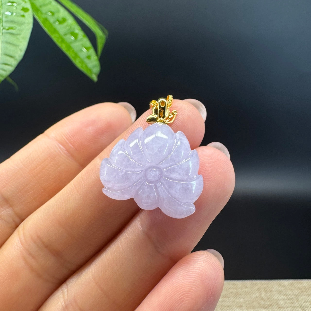 RealJade® Co. Genuine Lavender Jadeite Jade Good Lotus Necklace With 18K Yellow Gold Bail