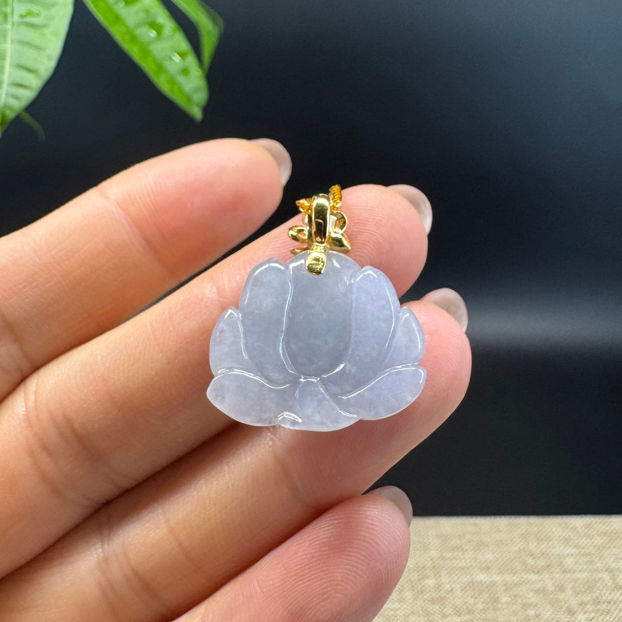 RealJade® Co. Genuine Lavender Jadeite Jade Good Lotus Necklace With 18K Yellow Gold Bail