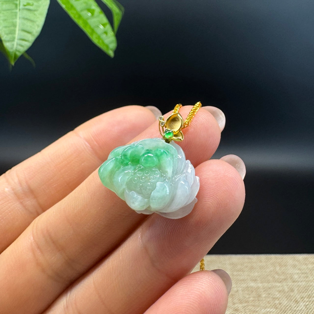 RealJade® Co. Genuine White Green Jadeite Jade Good Lotus Necklace With 18K Yellow Gold Bail