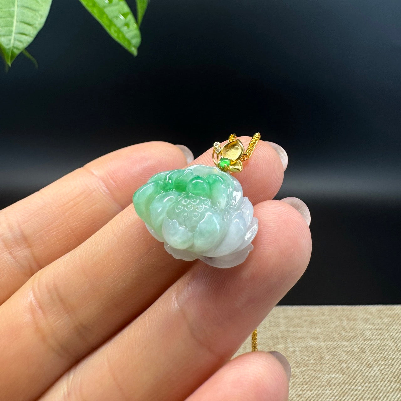 RealJade® Co. Genuine White Green Jadeite Jade Good Lotus Necklace With 18K Yellow Gold Bail