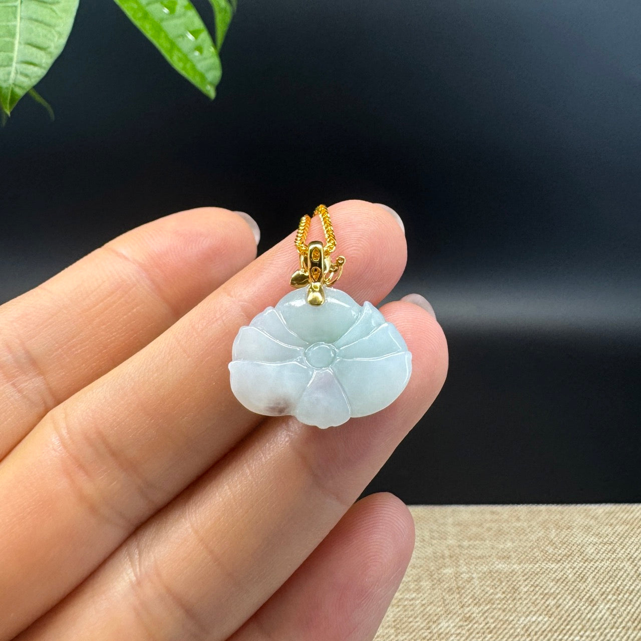 RealJade® Co. Genuine White Green Jadeite Jade Good Lotus Necklace With 18K Yellow Gold Bail