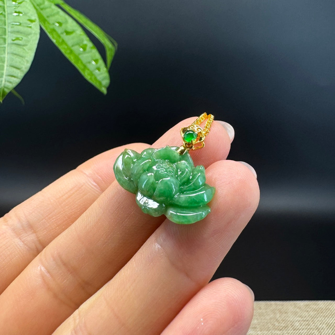 RealJade® Co. Genuine Green Jadeite Jade Good Lotus Necklace With 18K Yellow Gold Bail