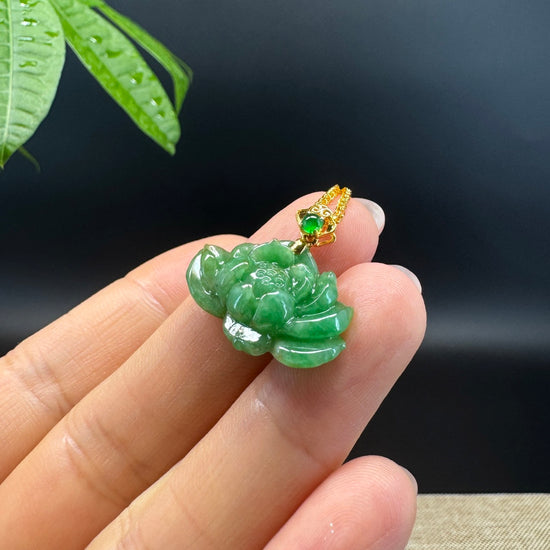 RealJade® Co. Genuine Green Jadeite Jade Good Lotus Necklace With 18K Yellow Gold Bail