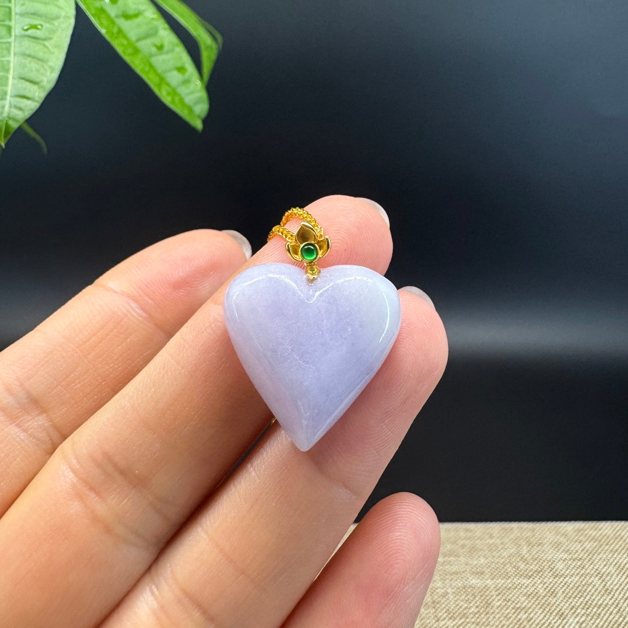 RealJade® Co. Genuine Lavender Jadeite Jade Good Luck Heart Necklace With 18K Yellow Gold Bail