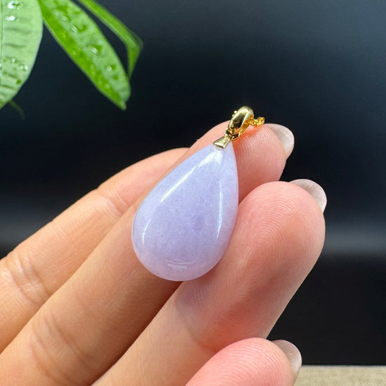 RealJade® Co. Genuine Lavender Jadeite Jade Good Luck Tear-Drop Necklace With 18K Yellow Gold Bail