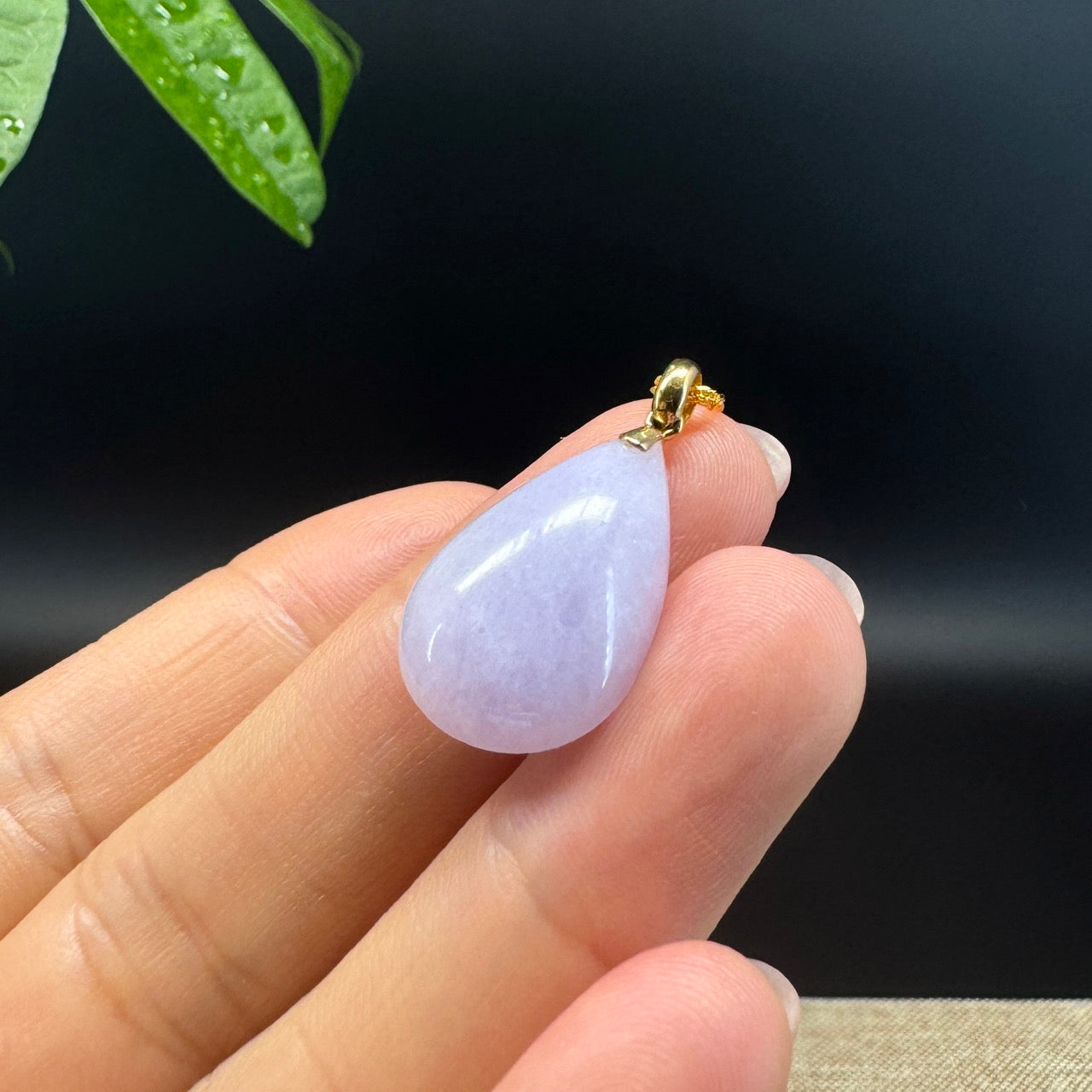 RealJade® Co. Genuine Lavender Jadeite Jade Good Luck Tear-Drop Necklace With 18K Yellow Gold Bail