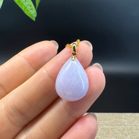 RealJade® Co. Genuine Lavender Jadeite Jade Good Luck Tear-Drop Necklace With 18K Yellow Gold Bail