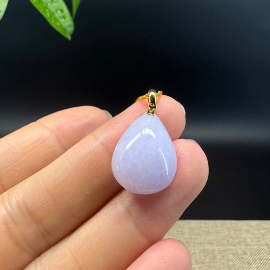 RealJade® Co. Genuine Lavender Jadeite Jade Good Luck Tear-Drop Necklace With 18K Yellow Gold Bail