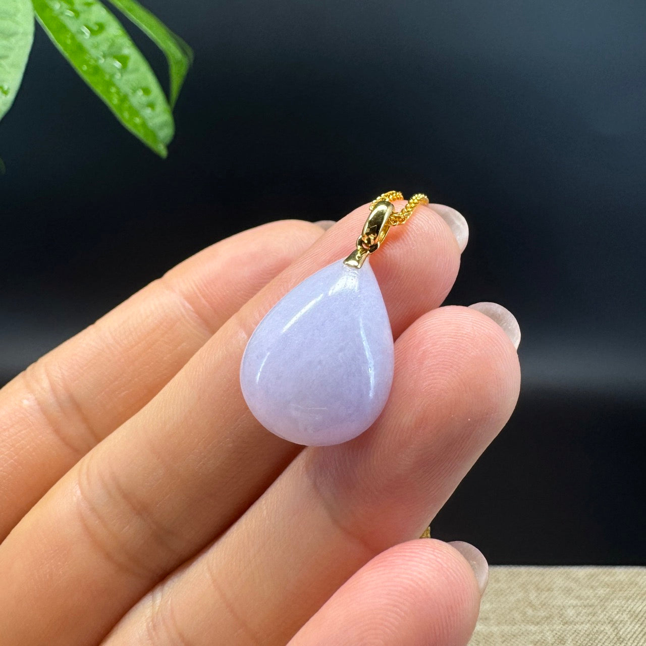 RealJade® Co. Genuine Lavender Jadeite Jade Good Luck Tear-Drop Necklace With 18K Yellow Gold Bail