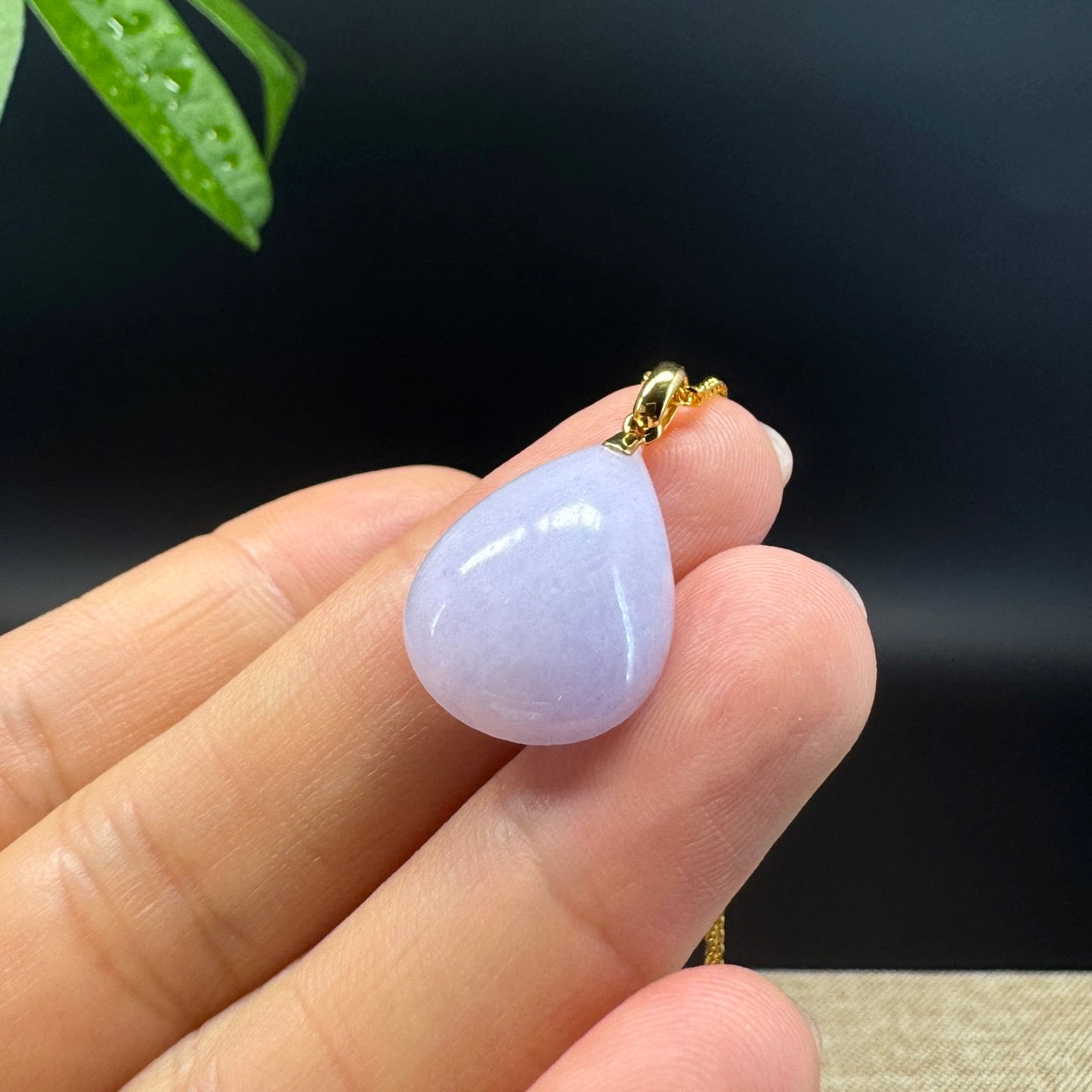 RealJade® Co. Genuine Lavender Jadeite Jade Good Luck Tear-Drop Necklace With 18K Yellow Gold Bail