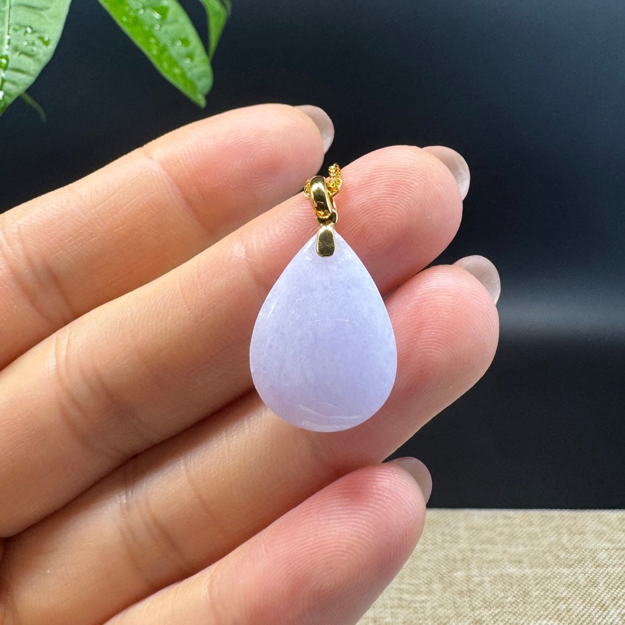 RealJade® Co. Genuine Lavender Jadeite Jade Good Luck Tear-Drop Necklace With 18K Yellow Gold Bail