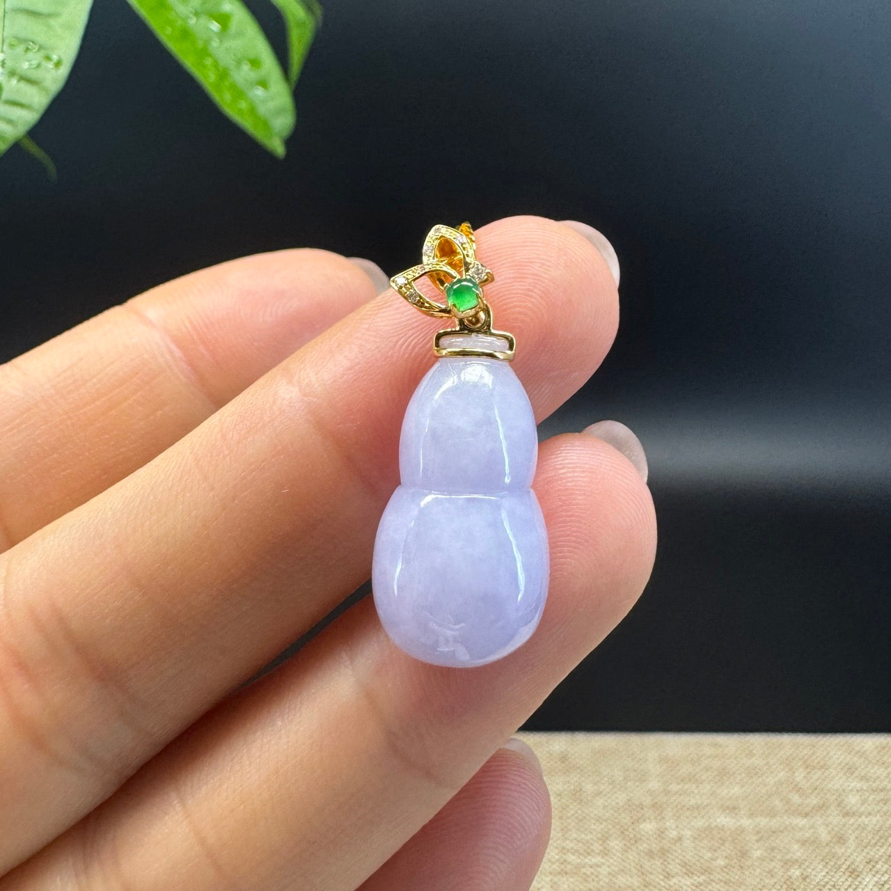 RealJade® Co. Genuine Lavender Jadeite Jade Good Luck Hulu Necklace With 18K Yellow Gold Bail