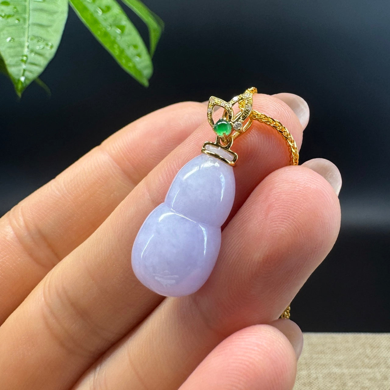 RealJade® Co. Genuine Lavender Jadeite Jade Good Luck Hulu Necklace With 18K Yellow Gold Bail