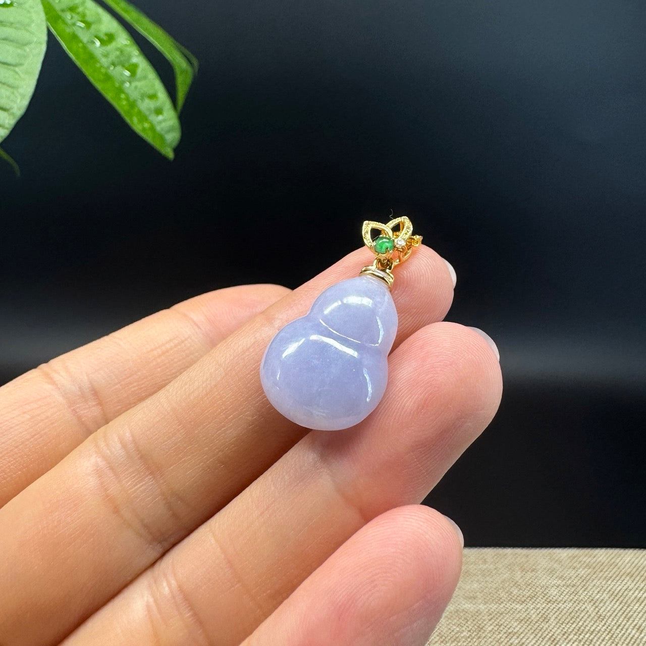 RealJade® Co. Genuine Lavender Jadeite Jade Good Luck Hulu Necklace With 18K Yellow Gold Bail