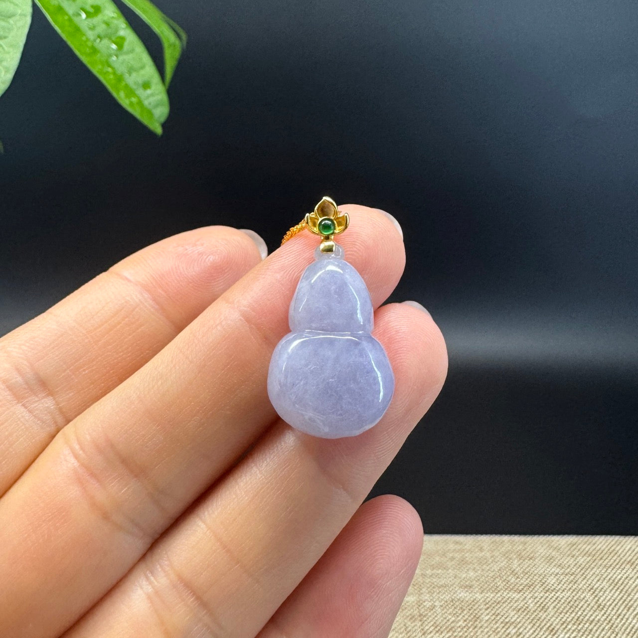 RealJade® Co. Genuine Lavender Jadeite Jade Good Luck Hulu Necklace With 18K Yellow Gold Bail