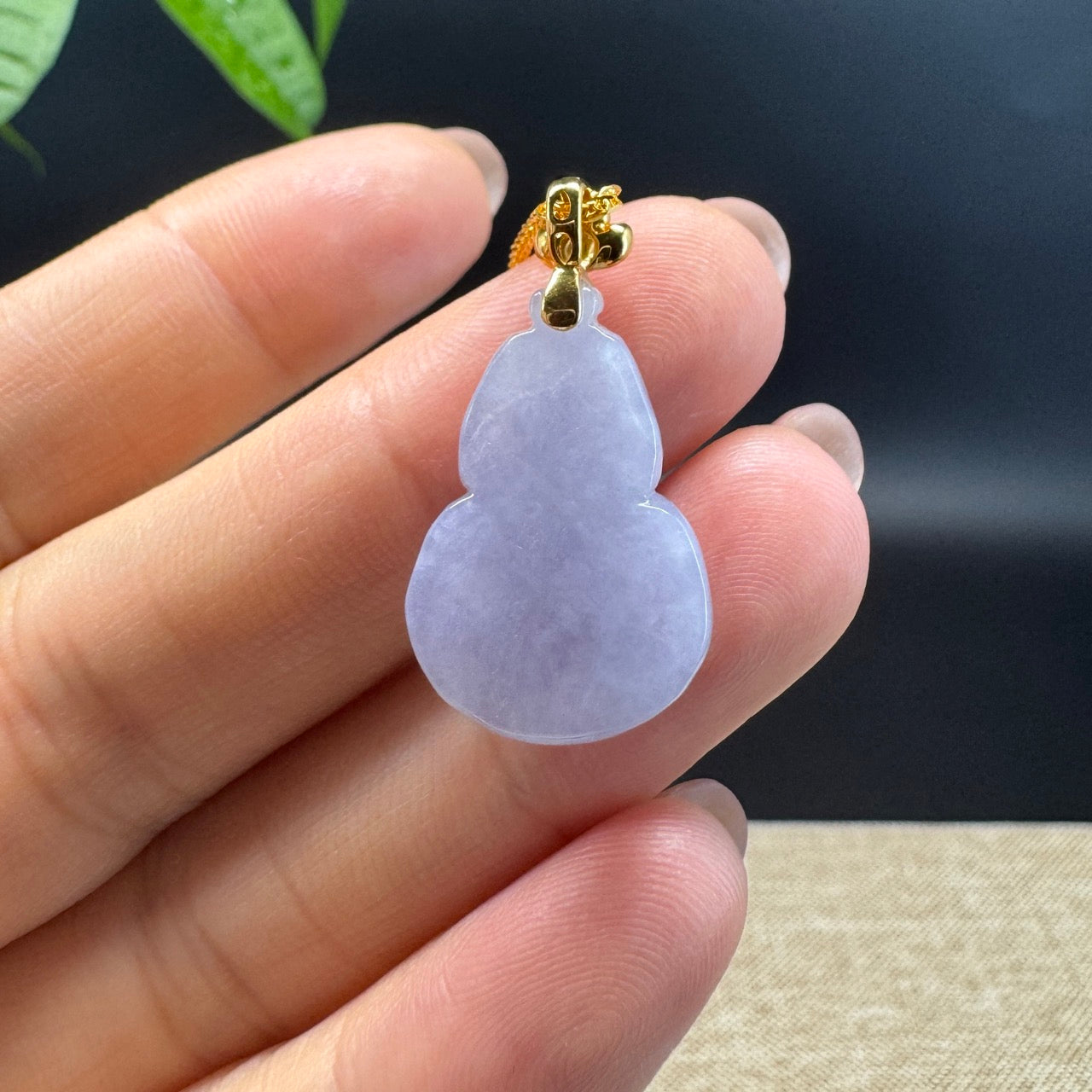 RealJade® Co. Genuine Lavender Jadeite Jade Good Luck Hulu Necklace With 18K Yellow Gold Bail